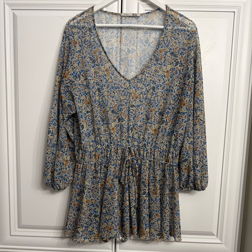Dex Plus Size 2X Blue/Orange Paisley Print Long Sleeve Blouse Ties Stretch Waist
